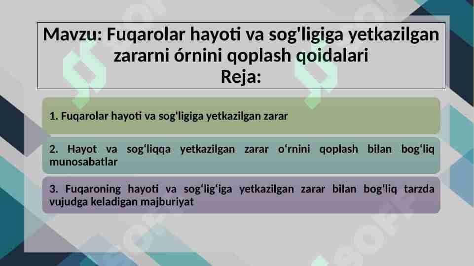 Fuqarolar hayoti va sog'ligiga yetkazilgan zararni órnini qoplash qoidalari