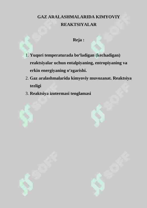 GAZ ARALASHMALARIDA KIMYOVIY REAKTSIYALAR