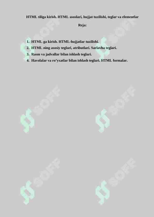 HTML tiliga kirish. HTML asoslari, hujjat tuzilishi, teglar va elementlar