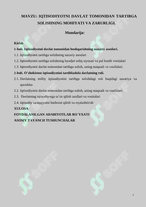 IQTISODIYOTNI DAVLAT TOMONIDAN TARTIBGA SOLISHNING MOHIYATI VA ZARURLIGI