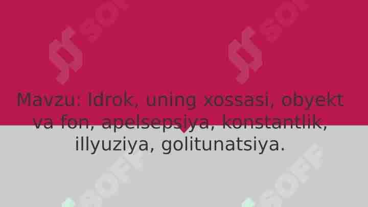 Idrok, uning xossasi, obyekt va fon, apelsepsiya, konstantlik, illyuziya, golitunatsiya