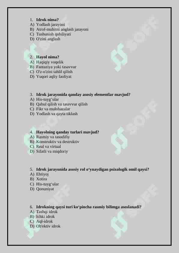 Idrok va Xayol mavzusiga test