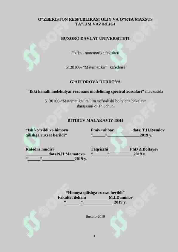 Ikki kanalli molekulyar rezonans modelining spectral xossalari