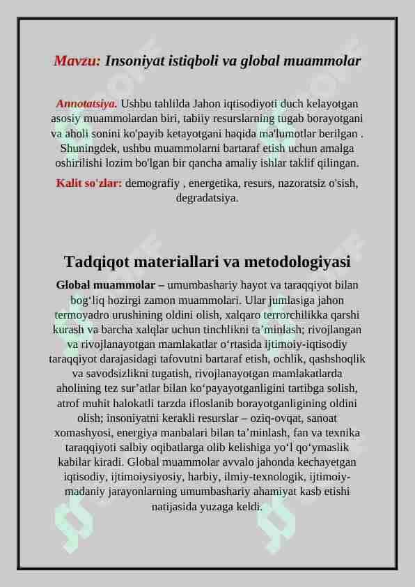 Insoniyat istiqboli va global muammolar