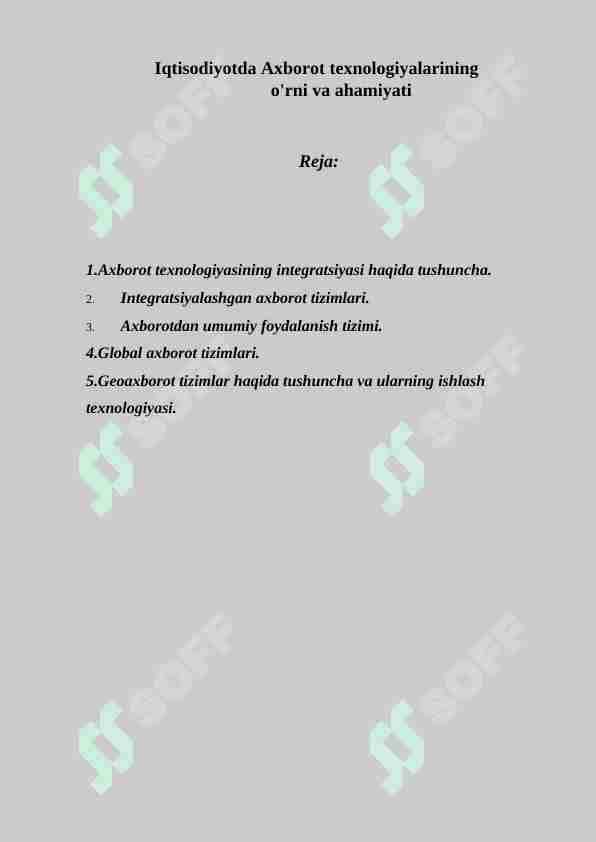 Iqtisodiyotda Axborot texnologiyalarining o'rni va ahamiyati