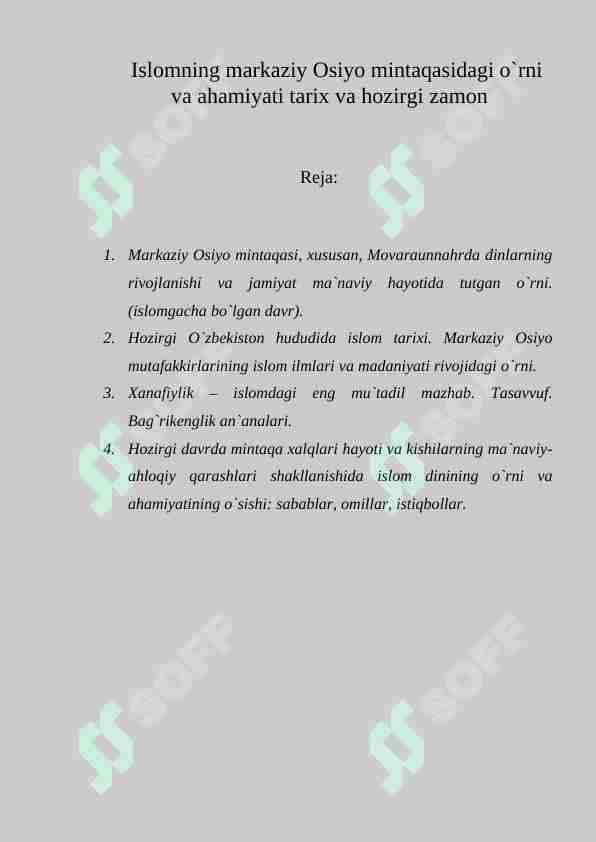 Islomning markaziy Osiyo mintaqasidagi o`rni va ahamiyati tarix va hozirgi zamon