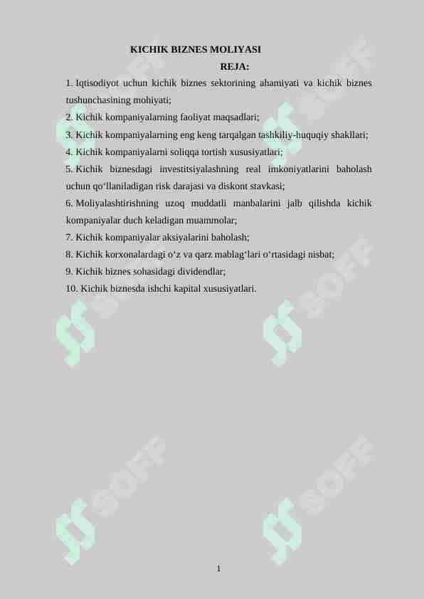 KICHIK BIZNES MOLIYASI