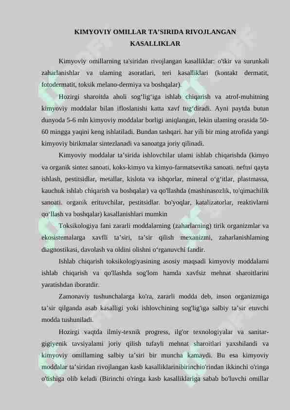 KIMYOVIY OMILLAR TA’SIRIDA RIVOJLANGAN KASALLIKLAR