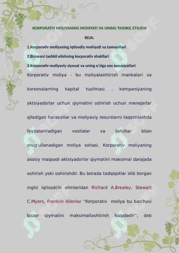 KORPORATIV MOLIYANING MOHIYATI VA UNING TASHKIL ETILISHI
