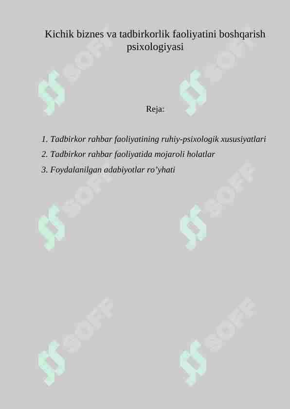 Kichik biznes va tadbirkorlik faoliyatini boshqarish psixologiyasi