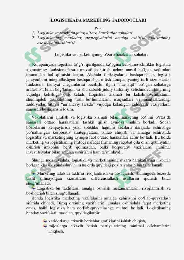 LOGISTIKADA MARKETING TADQIQOTLARI