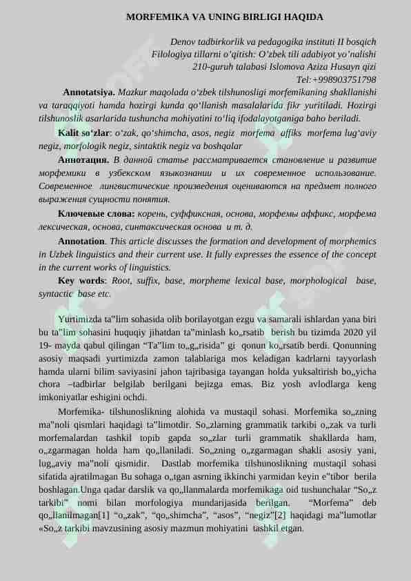 Morfemika va uning birligi haqida