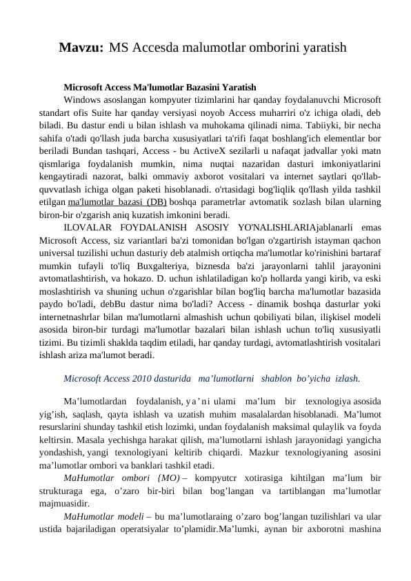 MS Accesda malumotlar omborini yaratish