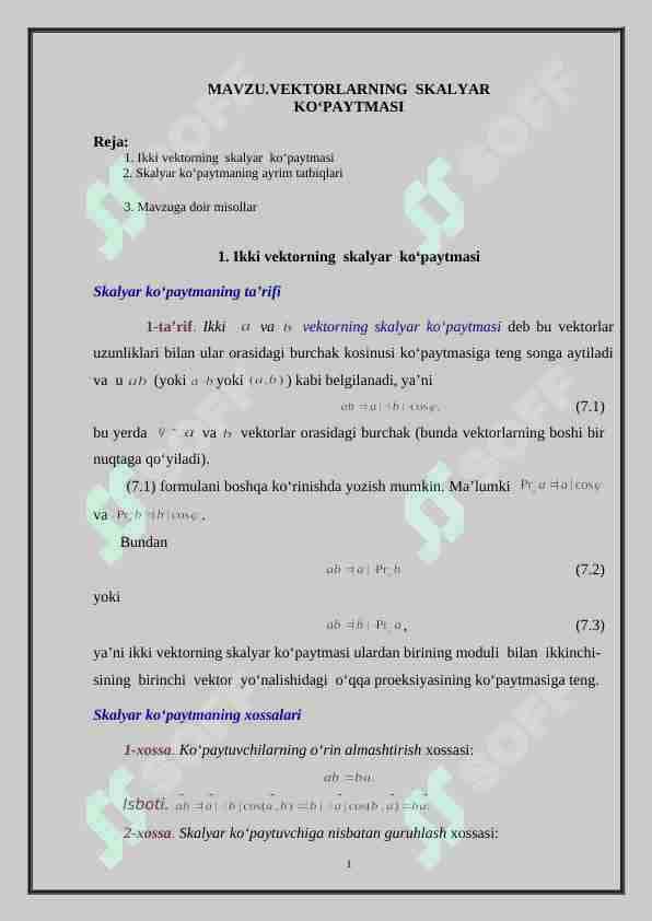 VEKTORLARNING SKALYAR KO‘PAYTMASI
