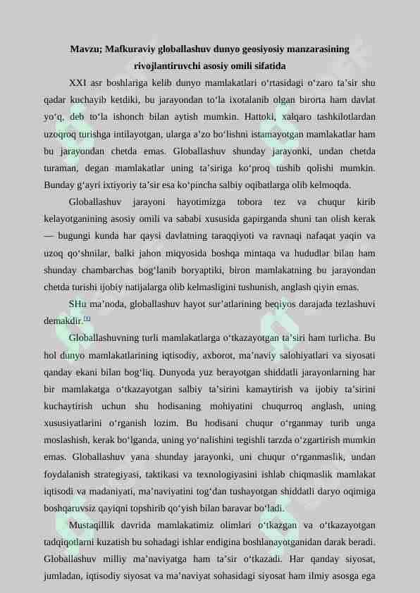 Mafkuraviy globallashuv dunyo geosiyosiy manzarasining rivojlantiruvchi asosiy omili