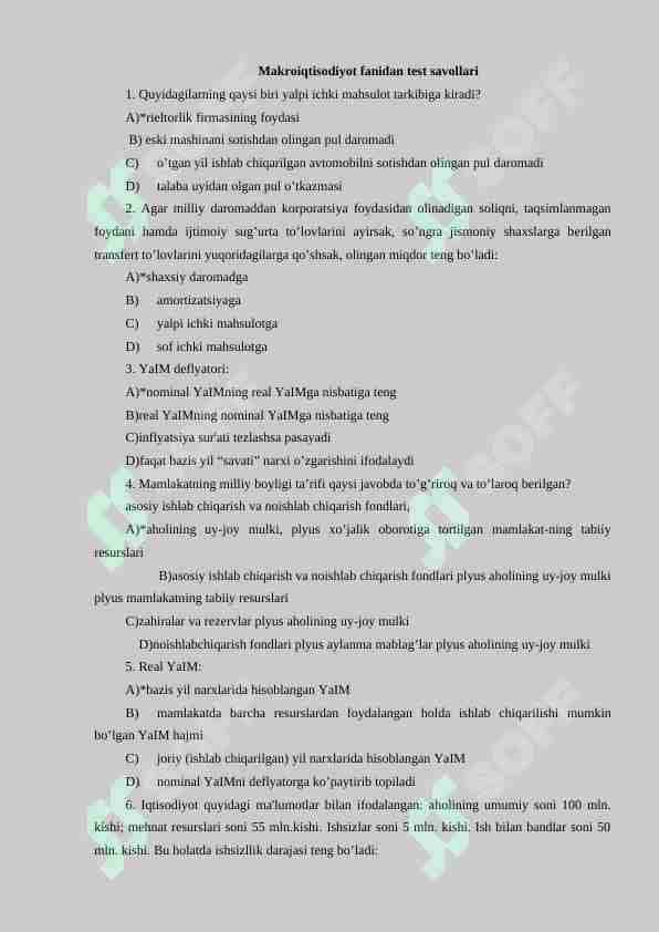 Makroiqtisodiyot fanidan 150 talik test, javoblari bilan