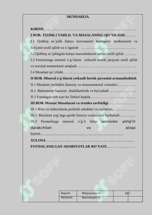 Mineral o`g`itlarni yetkazib berish jaryonini avtomatlashtish