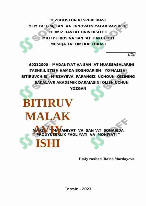 MADANIYAT VA SAN ’AT SOHASIDA PRODYUSERLIK FAOLIYATI VA MOHIYATI