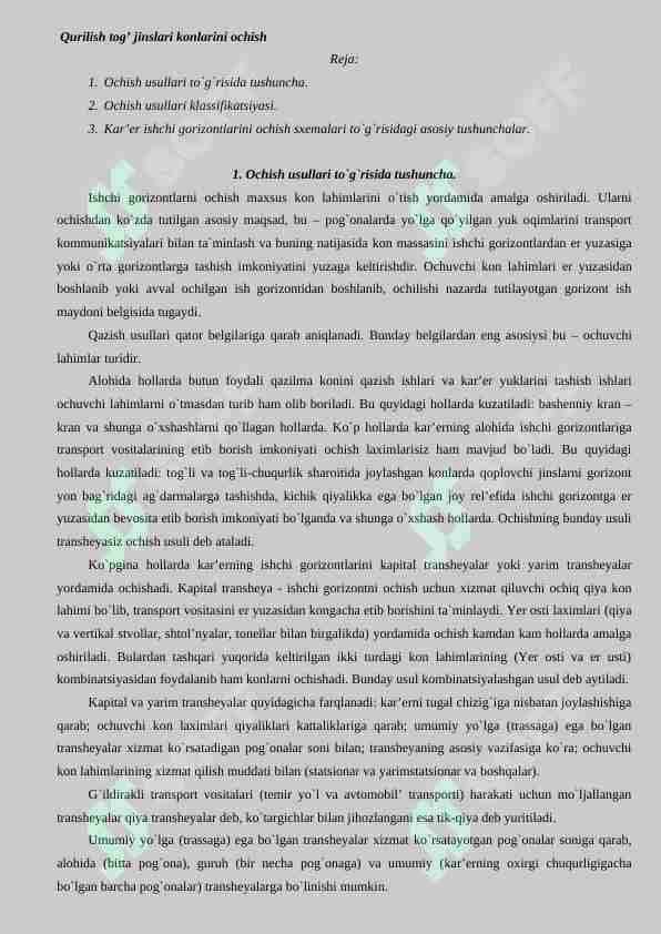 Qurilish tog' jinslari konlarini ochish