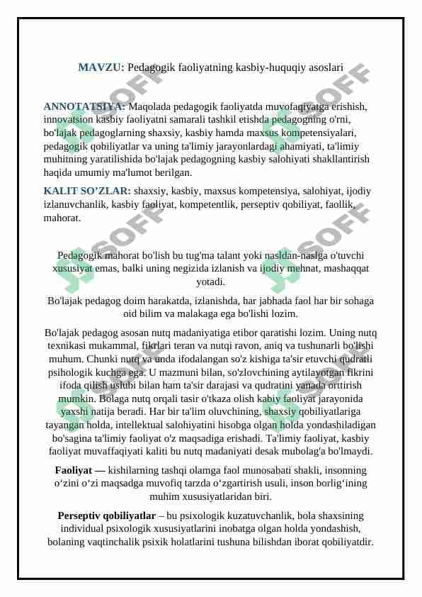 Pedagogik faoliyatning kasbiy-huquqiy asoslari (TEZIS)
