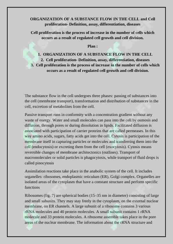 ORGANIZATION OF A SUBSTANCE FLOW IN THE CELL and Cell proliferation- Definition, assay, differentiation, diseases