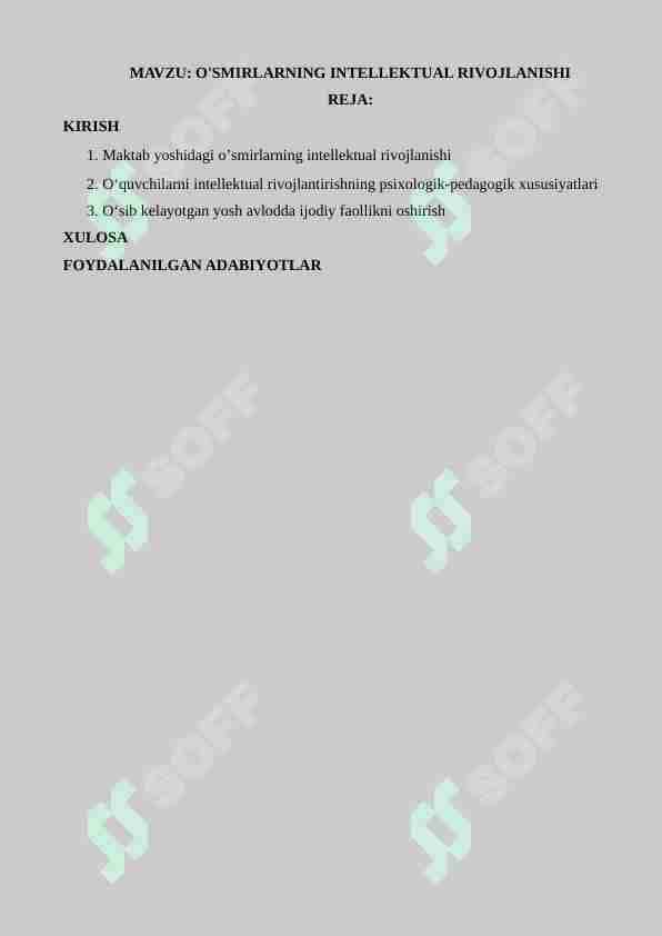 O'SMIRLARNING INTELLEKTUAL RIVOJLANISHI