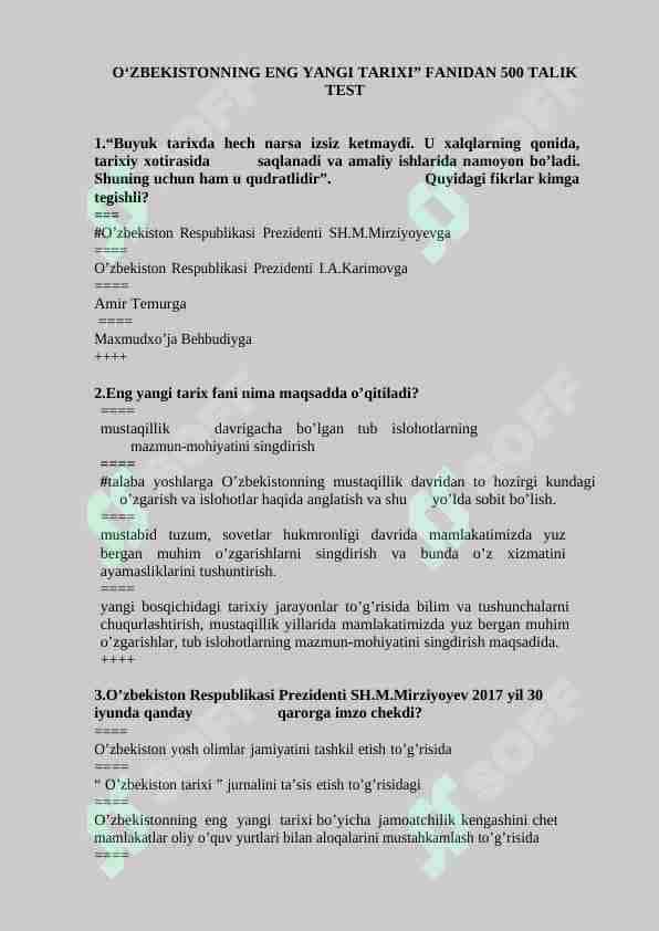 O'ZBEKISTONNING ENG YANGI TARIXI FANIDAN 500 TALIK TEST, JAVOBLARI BILAN