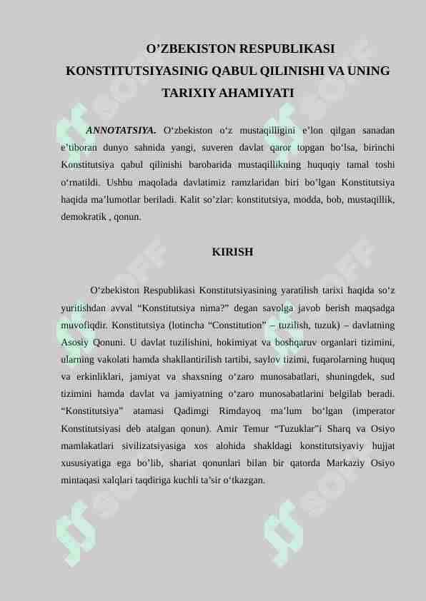O’ZBEKISTON RESPUBLIKASI KONSTITUTSIYASINIG QABUL QILINISHI VA UNING TARIXIY AHAMIYAT