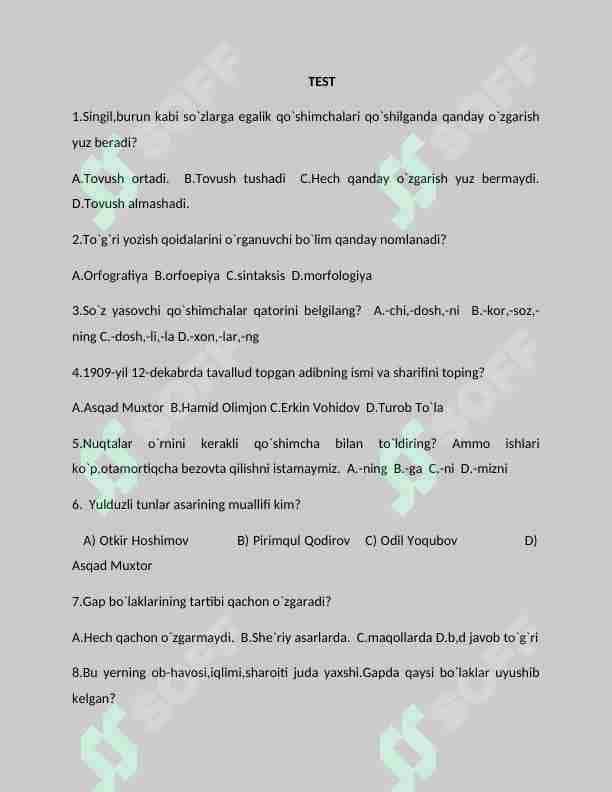 Umumiy test- ona tili va adabiyot
