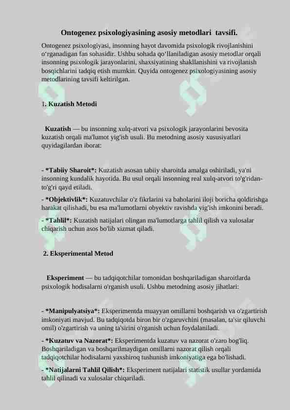 Ontogenez psixologiyasining asosiy metodlari tavsifi