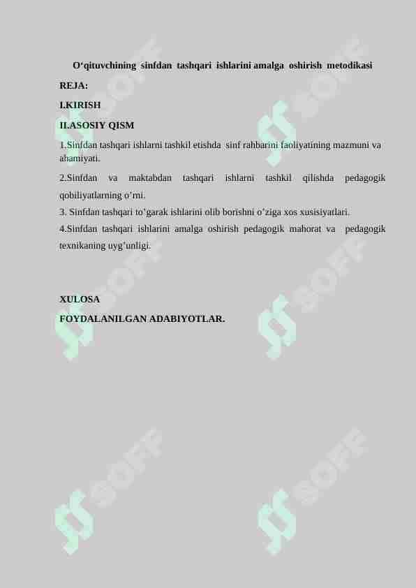 O‘qituvchining sinfdan tashqari ishlarini amalga oshirish metodikasi