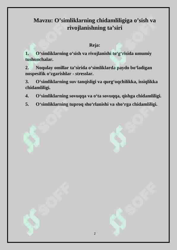 O’simliklarning chidamliligiga o’sish va rivojlanishning ta’siri