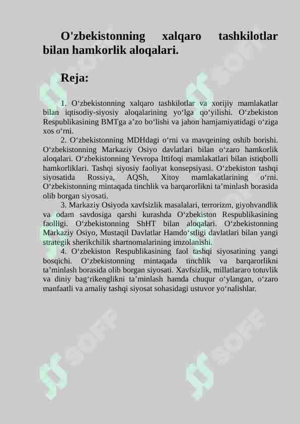 O'zbekistonning xalqaro tashkilotlar bilan hamkorlik aloqalari.