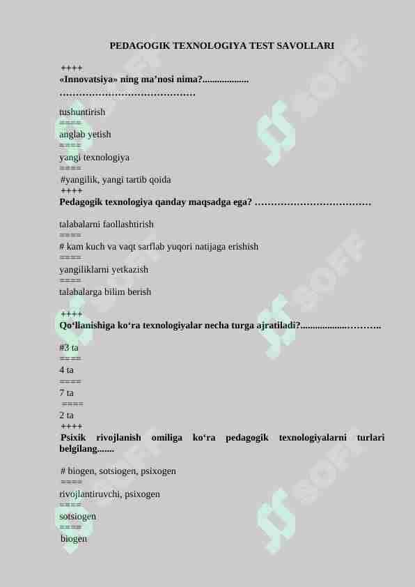 PEDAGOGIK TEXNOLOGIYA TEST SAVOLLARI