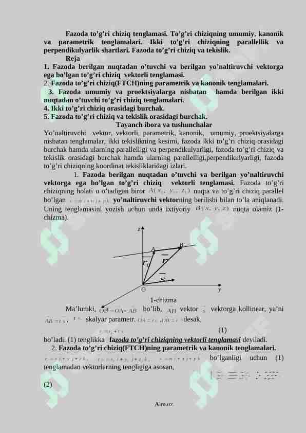 Fazoda to’g’ri chiziq tenglamasi
