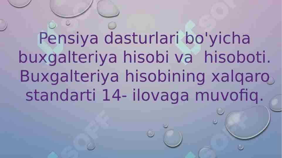 Pensiya dasturlari bo'yicha buxgalteriya hisoboti.Buxgalteriya hisobining xalqaro standarti 14- ilovaga muvofiq.
