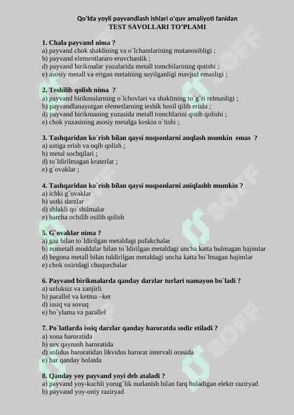 Qо‘lda yoyli payvandlash ishlari 100 talik test