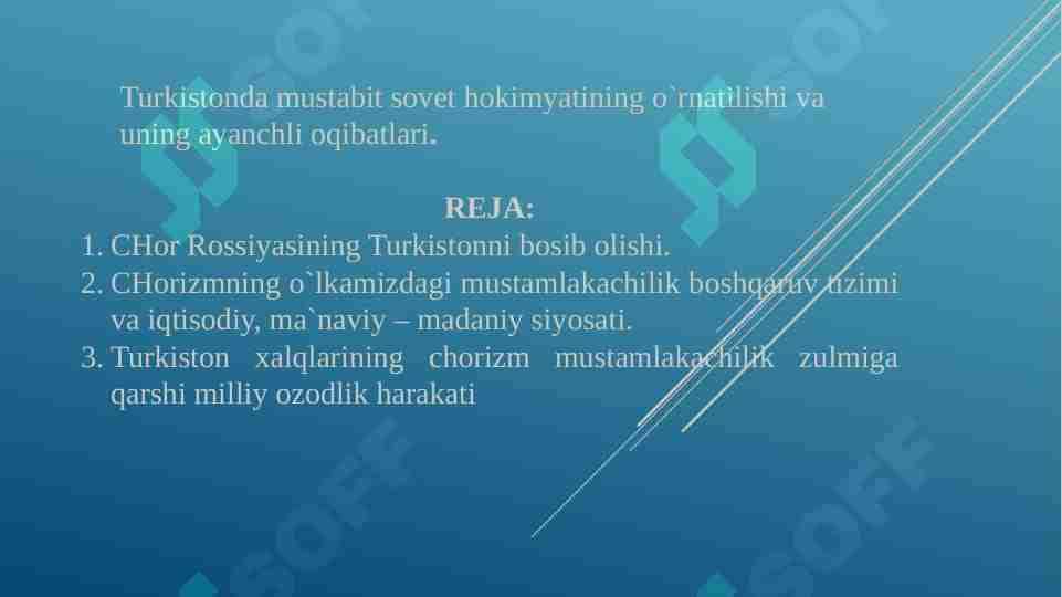 Turkistоnda mustabit sovet hokimyatining o`rnatilishi va uning ayanchli oqibatlari.