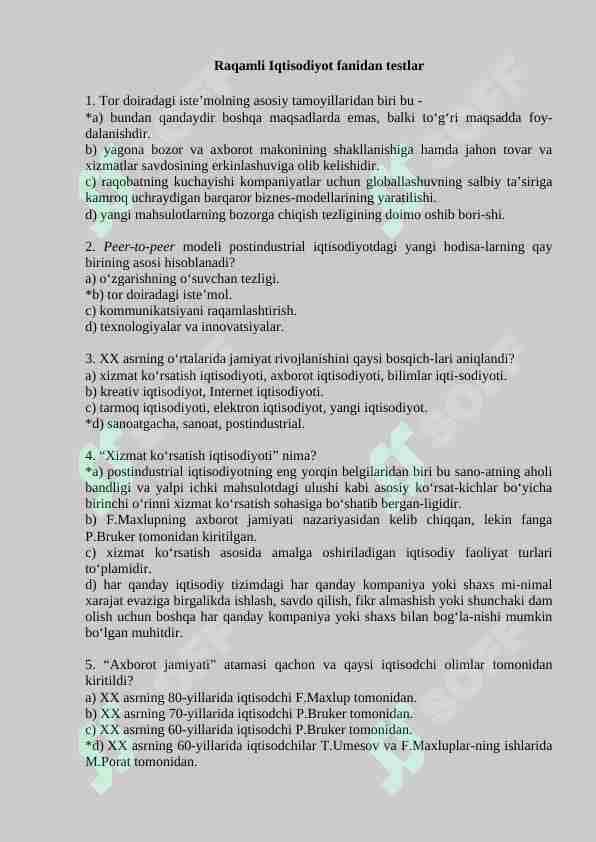 Raqamli Iqtisodiyot fanidan 100 talik test, javoblari bilan