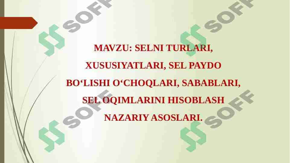SELNI TURLARI, XUSUSIYATLARI, SEL PAYDO BOʻLISHI OʻCHOQLARI, SABABLARI, SEL OQIMLARINI HISOBLASH NAZARIY ASOSLARI
