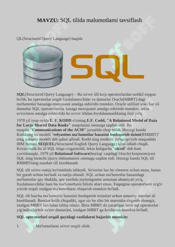 SQL tilida malumotlarni tavsiflash