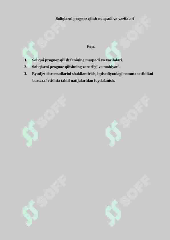 Soliqlarni prognoz qilish maqsadi va vazifalari