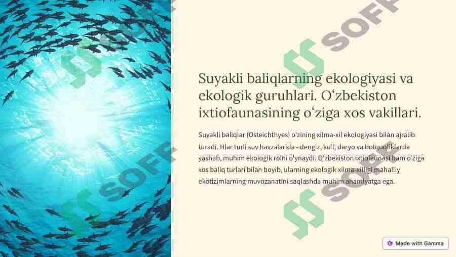 Suyakli baliqlarning ekologiyasi va ekologik guruhlari. Oʻzbekiston ixtiofaunasining oʻziga xos vakillari