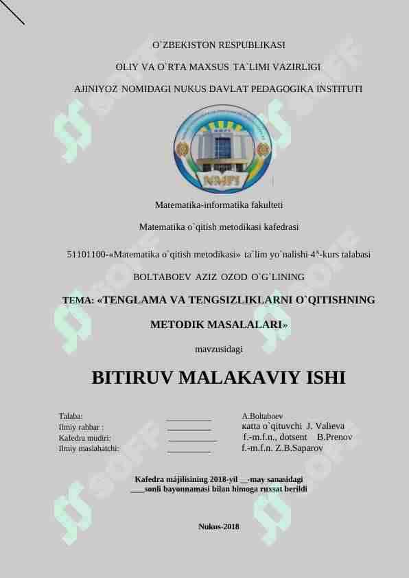 TENGLAMA VA TENGSIZLIKLARNI O`QITISHNING METODIK MASALALARI