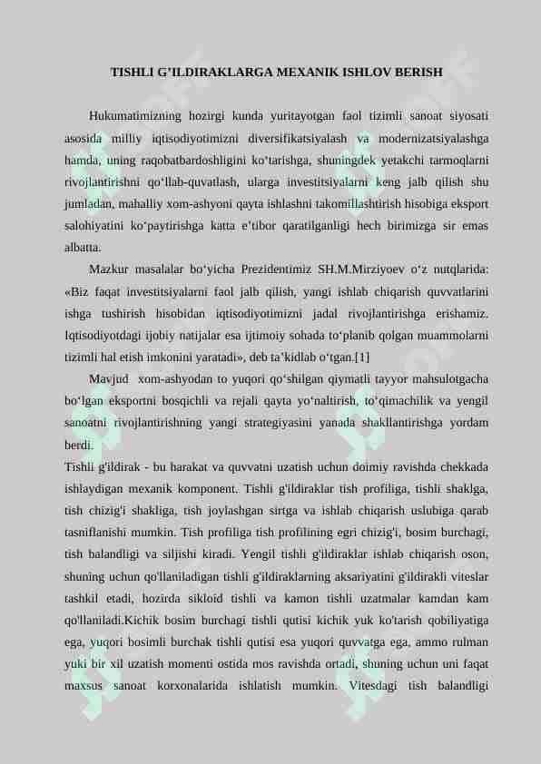 TISHLI G’ILDIRAKLARGA MEXANIK ISHLOV BERISH