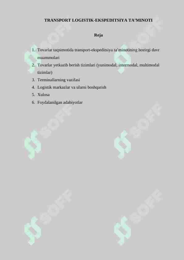 TRANSPORT LOGISTIK-EKSPEDITSIYA TA’MINOTI