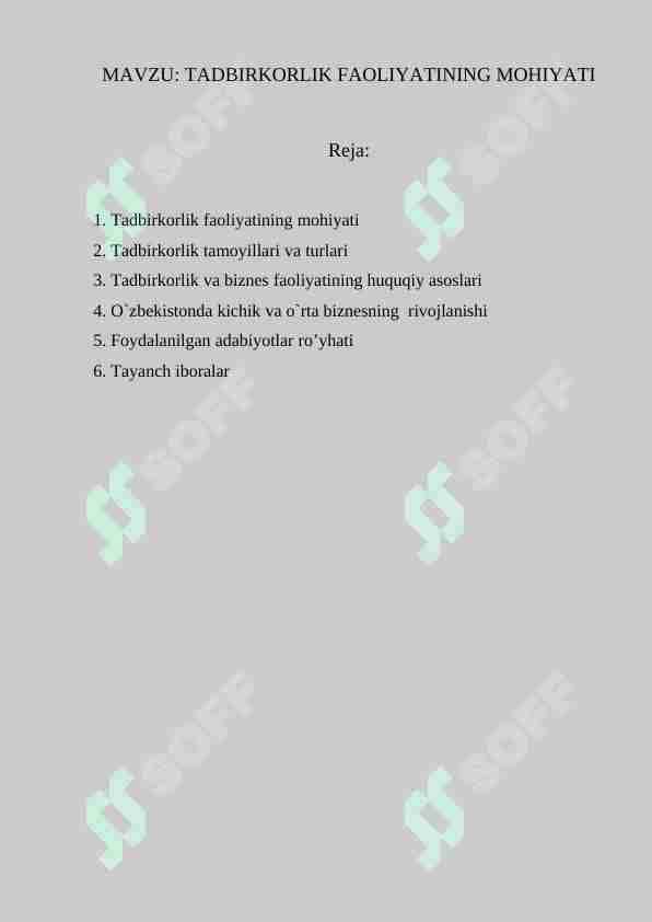 Tadbirkorlik faoliyatining mohiyati