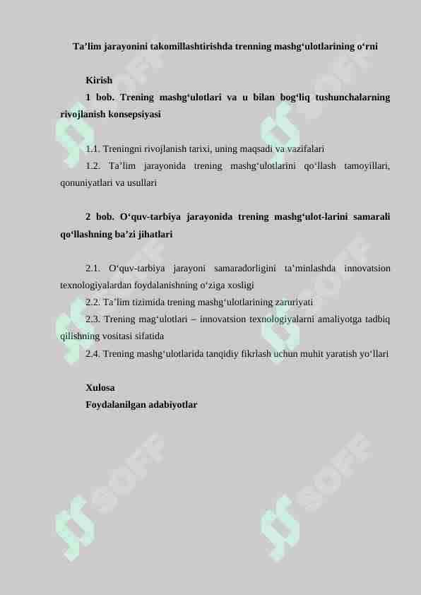Ta’lim jarayonini takomillashtirishda trenning mashg‘ulotlarining o‘rni