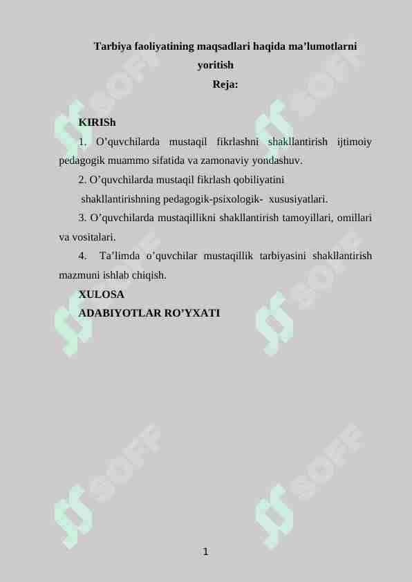 Tarbiya faoliyatining maqsadlari haqida ma’lumotlarni yoritish