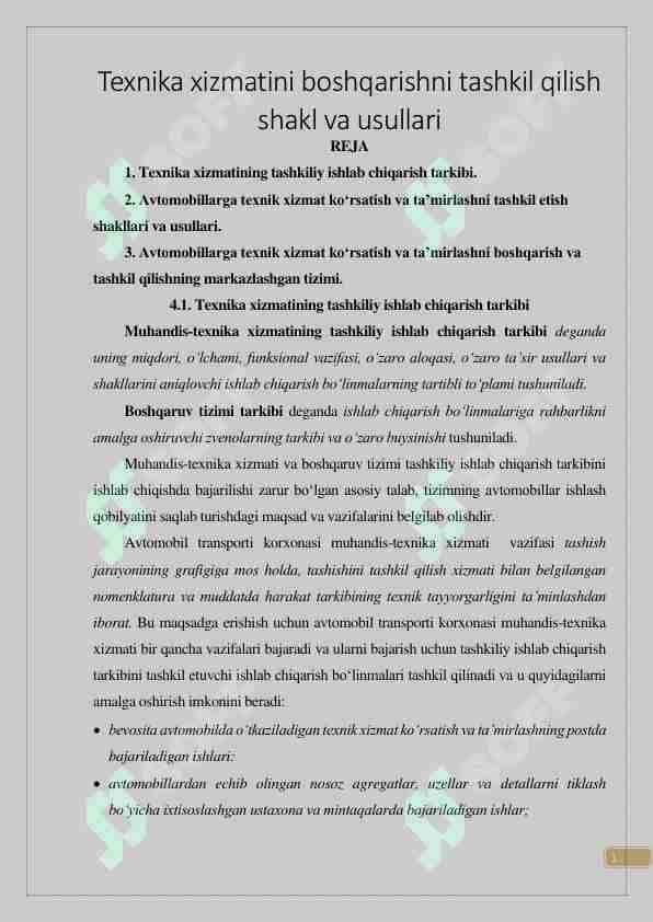 Texnika xizmatini boshqarishni tashkil qilish shakl va usullari